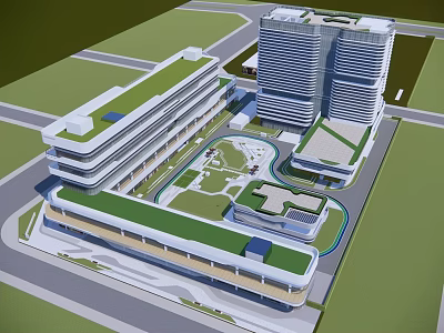 Modern Office Building Complex With Green Roof Open Courtyard And Surrounding Gardens 3d model