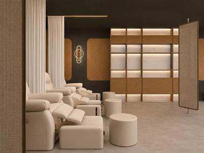 Luxury Club Interior With Beige Recliner Chairs Round Ottomans Wooden Panel Walls And Illuminated Shelves 3d model