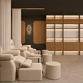 Luxury Club Interior With Beige Recliner Chairs Round Ottomans Wooden Panel Walls And Illuminated Shelves