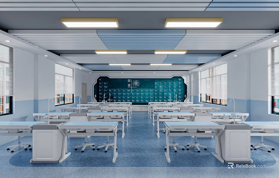 School Classroom Interior With Desks Chairs And Blackboard 3d model