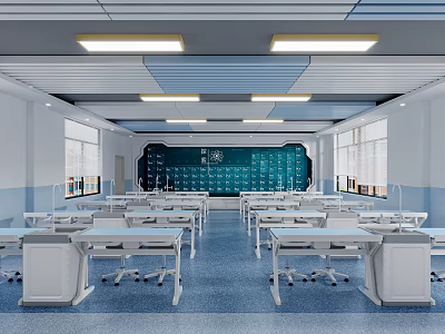 School Classroom Interior With Desks Chairs And Blackboard 3d model