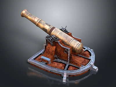 Antique Brass Cannon Weapon With Wooden Carriage And Rustic Vintage Design 3d model