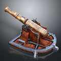 Antique Brass Cannon Weapon With Wooden Carriage And Rustic Vintage Design