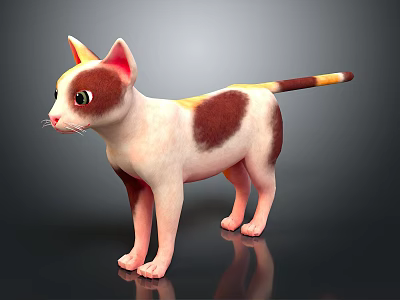 White And Brown Spotted Cat With Orange White Ears Tail Standing On Dark Background 3d model