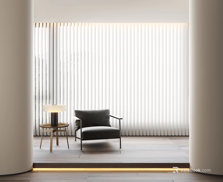 Vertical Blinds in Modern Living Space with Armchair Side Table and Wooden Floor 3d model 