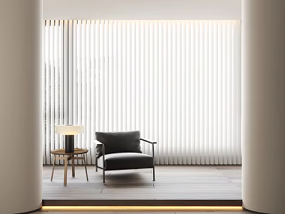 Vertical Blinds in Modern Living Space with Armchair Side Table and Wooden Floor 3d model