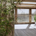 Office Corridor Interior Design With Wooden Beams Hanging Lanterns Green Plants and Built in Bookshelves