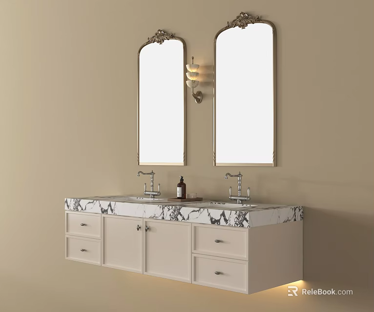 Elegant Bathroom Vanity With Double Mirrors White Cabinet And Marble Countertop 3d model 
