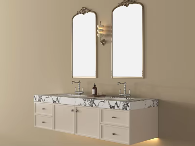 Elegant Bathroom Vanity With Double Mirrors White Cabinet And Marble Countertop 3d model