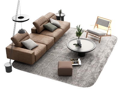 Multi-person Sofa Long Sofa Stool Coffee Table Low Stool Carpet Plant Vase Ornaments 3d model