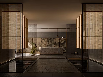 Serene Japanese Style Hotel Lobby With Bamboo Screens Landscape Painting And Stone Floor 3d model