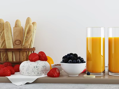 Fresh Breakfast Food Spread With Baguettes Strawberries Blueberries Orange Juice And Cheese 3d model