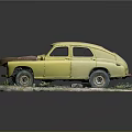 Weathered Yellow Car Model with Rust and Damaged Parts on Green Base