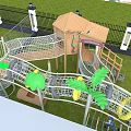 Fun Kindergarten Outdoor Playground With Slide Climbing Net Wooden Cabin And Grass Lawn