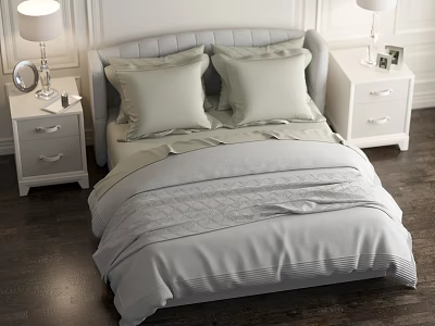 Modern Cozy Double Bed With Gray Upholstered Headboard Beige Pillows And Bedside Tables 3d model