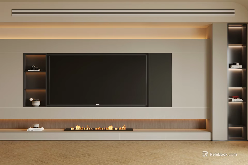 Modern TV Background Wall Design With Large Screen TV Fireplace And Open Shelves 3d model 