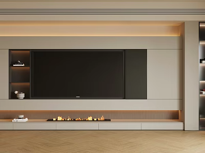 Modern TV Background Wall Design With Large Screen TV Fireplace And Open Shelves 3d model