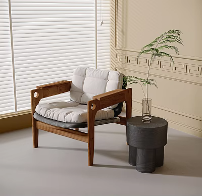 Lounge Chair With Wooden Frame White Cushion And Gray Side Table By Window Blinds 3d model