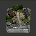 Cartoon Scene Model With Small Cottage Green Trees River And Scenic Pathway