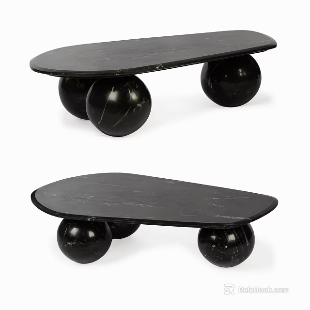 Stylish Black Marble Coffee Table Featuring Spherical Legs And Modern Design 3d model