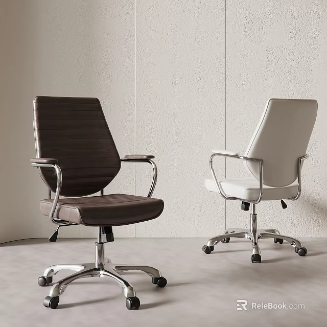Modern Office Chair with Dark Brown and White Upholstery Metal Armrests and Wheeled Base 3d model 