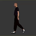 A Man in Black T-shirt And Black Pants Walking On Gray Background With White Sneakers