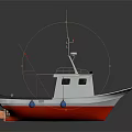 Fishing Boat With White Red Hull Green Deck Crane And Lifebuoy