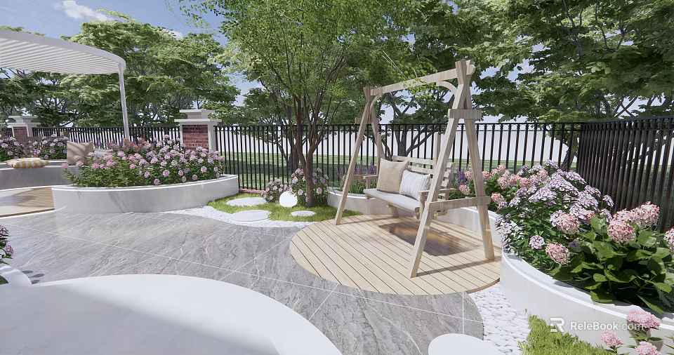Cozy Courtyard Garden With Wooden Swing Green Trees Colorful Flowers And Wooden Deck 3d model 