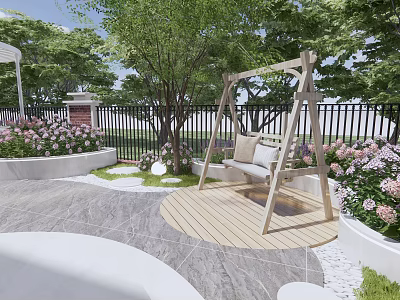Cozy Courtyard Garden With Wooden Swing Green Trees Colorful Flowers And Wooden Deck 3d model