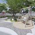 Cozy Courtyard Garden With Wooden Swing Green Trees Colorful Flowers And Wooden Deck