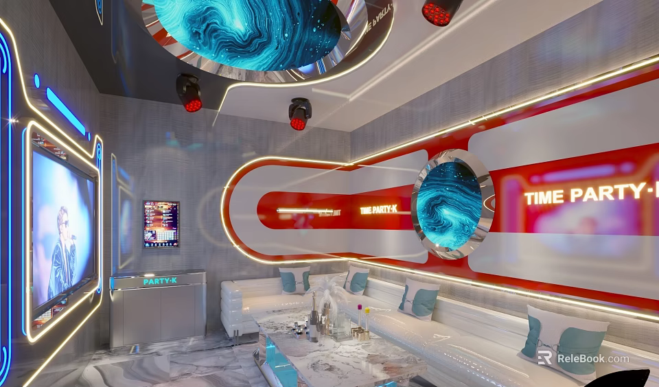 Modern KTV Interior Design With Neon Lights Comfortable Sofas LED Screens And Decorative Panels 3d model