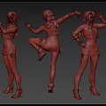 Three Angles Of 3D Character With Blue Green Hair And Purple Outfit In Dynamic Poses