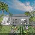 Tropical Garden Landscape With Cottage Lush Greenery Colorful Flowers Wooden Structure And Canopy