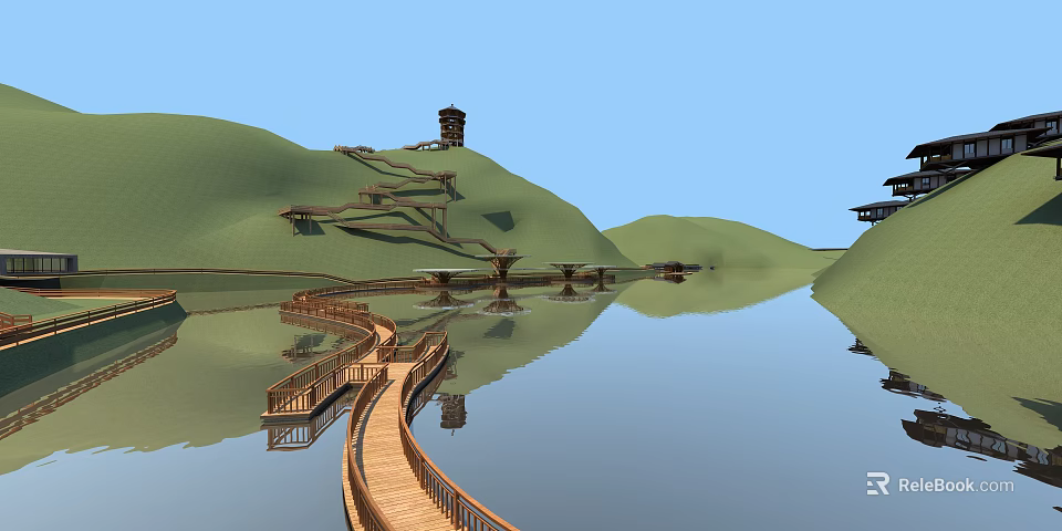 Wooden Boardwalk Road Facilities Along Scenic Lake With Green Hills And Pavilion 3d model 