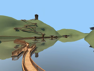 Wooden Boardwalk Road Facilities Along Scenic Lake With Green Hills And Pavilion 3d model
