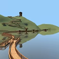 Wooden Boardwalk Road Facilities Along Scenic Lake With Green Hills And Pavilion
