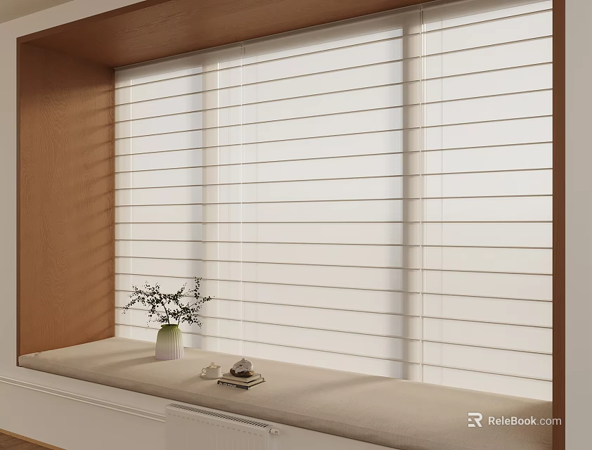 White Venetian Blinds In Wooden Window Frame With Cushioned Bench Potted Plant And Books 3d model 
