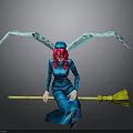 Witch Character With Pink Hair Blue Dress Hat Wings And Yellow Broom