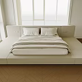Modern Minimalist Bedroom Interior With Double Bed Upholstered Headboard And Striped Bedding