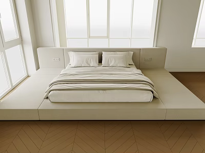 Modern Minimalist Bedroom Interior With Double Bed Upholstered Headboard And Striped Bedding 3d model