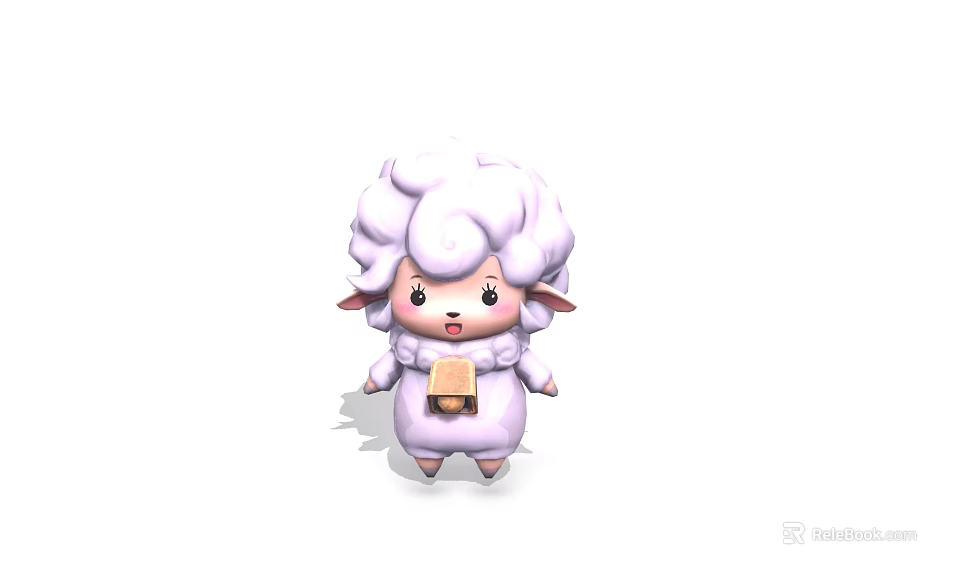 Cute Cartoon Game Character With White Fluffy Wool And Pink Ears Holding Small Brown Bread 3d model 