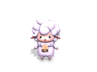 Cute Cartoon Game Character With White Fluffy Wool And Pink Ears Holding Small Brown Bread 3d model