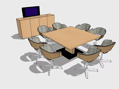 Modern Square Conference Table With Eight Wheeled Chairs And Side Cabinet TV 3d model