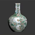 Decorative Green And White Vase With Red Floral Patterns Slender Neck And Spherical Body