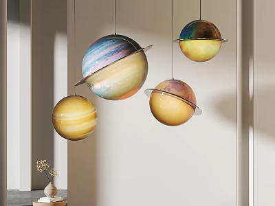 Colorful Planet Shaped Pendant Lights With Rings Hanging In Modern Interior 3d model