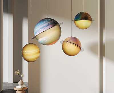 Colorful Planet Shaped Pendant Lights With Rings Hanging In Modern Interior 3d model