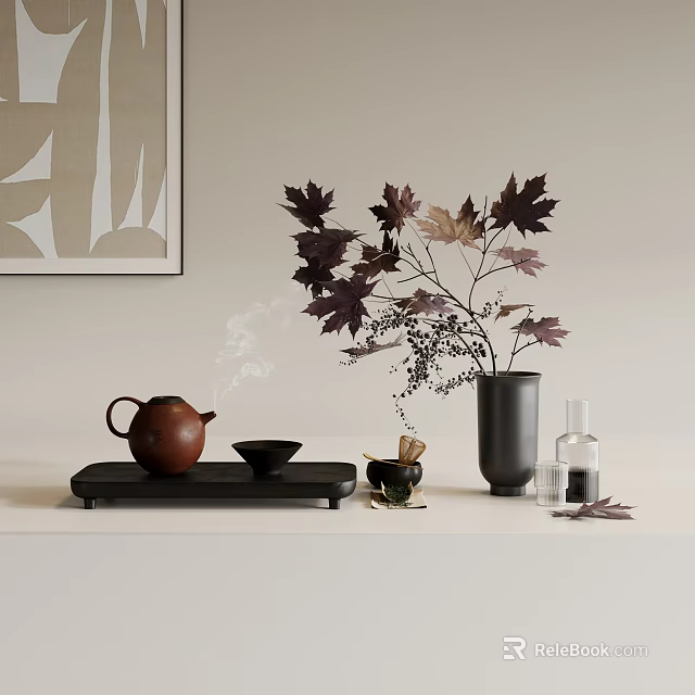Home Decorative Ornament Set With Teapot Teacup Maple Leaves Vase And Abstract Wall Art 3d model 