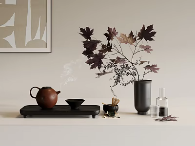 Home Decorative Ornament Set With Teapot Teacup Maple Leaves Vase And Abstract Wall Art 3d model