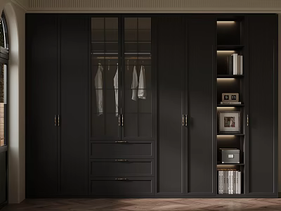 Stylish Dark Wooden Wardrobe With Glass Doors Hanging Clothes Drawers And Decorative Bookshelves 3d model