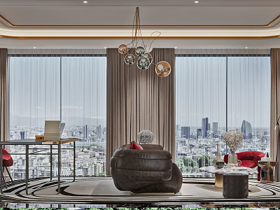 Stylish Lounge With City View And Modern Furniture 3d model